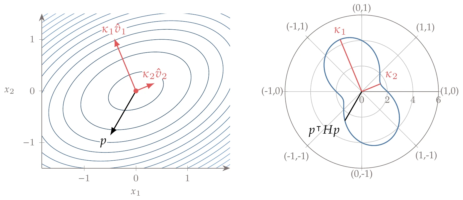 Contours of f for this example and the two principal curvature directions in red. The polar plot shows the curvature, with the eigenvectors pointing at the directions of principal curvature; all other directions have curvature values in between.