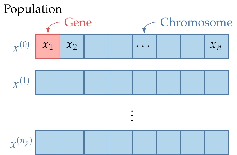 Each GA iteration involves a population of design points, where each design is represented by a chromosome, and each design variable is represented by a gene.