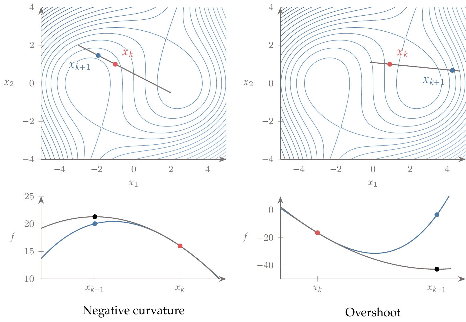 Newton’s method in its pure form is vulnerable to negative curvature (in which case it might step away from the minimum) and overshooting (which might result in a function increase).